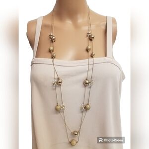 LANI  LAYERED GOLDTONED CABLE NECKLACE WITH GLASS CRYSTAL & SHIMMERY GOLD BEADS